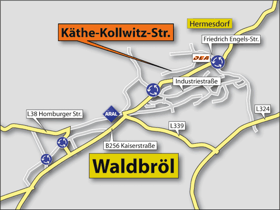 Anfahrtsplan Industriegebiet Waldbroel | Standort Käthe-Kollwitz-Str